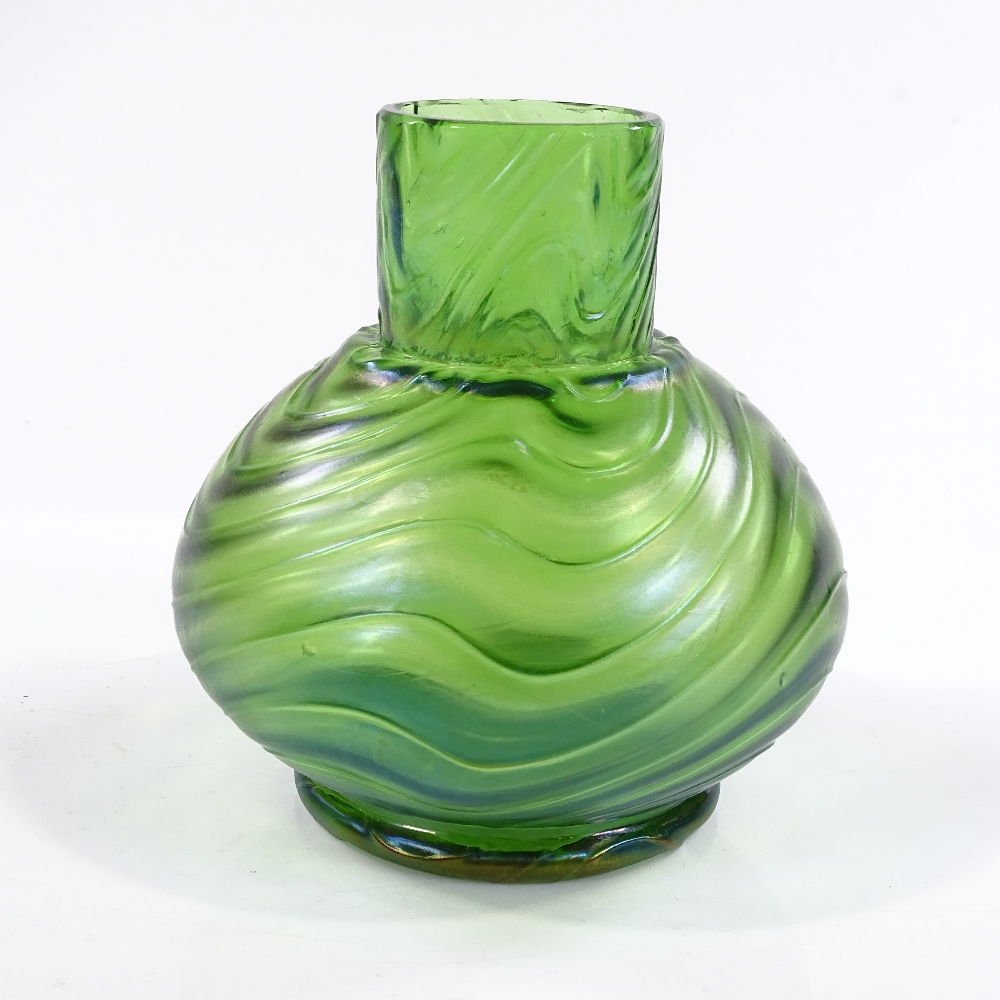 Loetz iridescent green ribbed glass vase, height 12cm