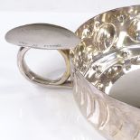 A large plated circular fruit bowl, in the form of a wine tasting cup, diameter excluding handle