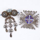 A Norwegian silver and enamel filigree brooch by Thune, together with another Norwegian pendant/