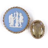 A circular Wedgwood Jasperware panel brooch, in 9ct gold frame, together with an intaglio carved