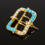 An Edwardian 15ct gold turquoise and split-pearl buckle brooch, length 22.9mm, 3.7g