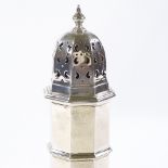 A George V octagonal silver sugar shaker, by William Hutton & Sons Ltd, hallmarks Birmingham 1918,