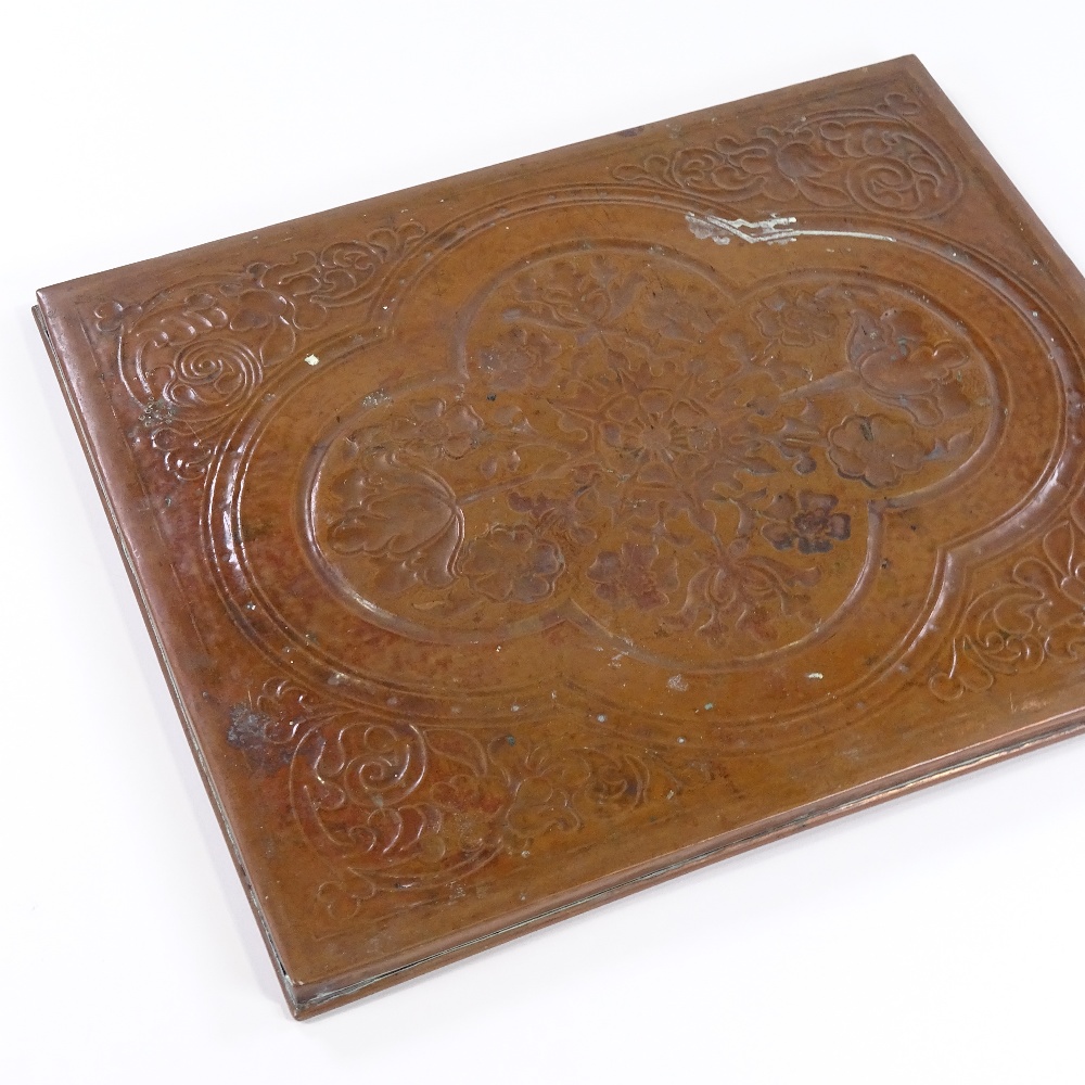 A Keswick School of Industrial Arts copper tray with relief embossed floral designs, 43cm x 36cm - Image 3 of 4