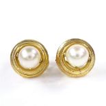 A pair of gold cultured pearl earrings, with omega clip fittings, earring diameter 14.5mm, 6.2g