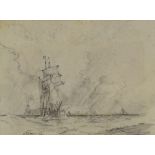 William Hyams, pencil drawing, busy shipping, signed, 6.5" x 8.5", framed