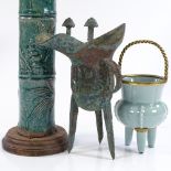 A group of Oriental items, including an archaic style verdigris bronze drinking vessel, height 23cm,