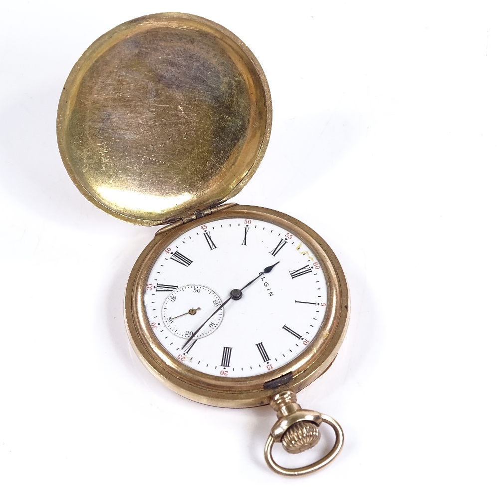 ELGIN - a gold plated full hunter side-wind pocket watch, 15 jewel movement, with Roman numeral hour - Image 3 of 8