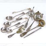 Various silver flatware, including ladle, tea strainer, caddy spoons etc, 9.2oz total