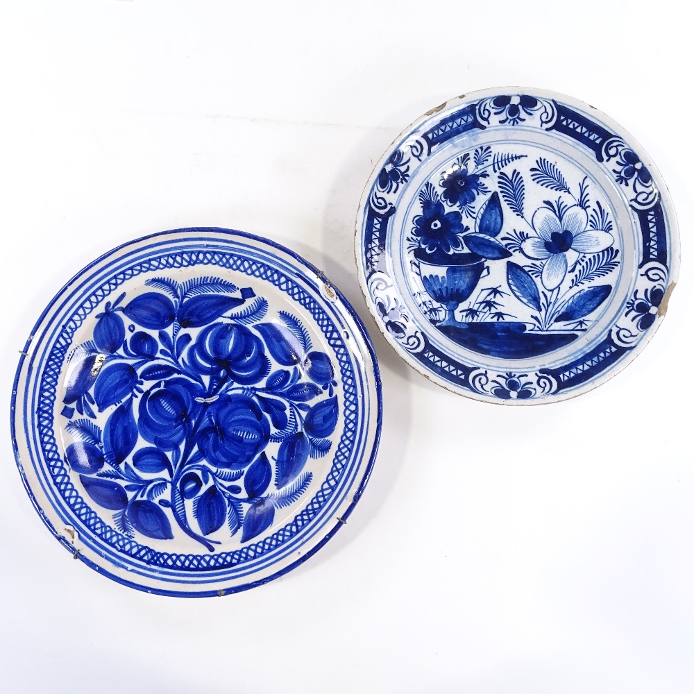 A Delft tin-glazed blue and white pottery bowl, 31cm diameter, and a similar blue and white dish, - Image 2 of 4