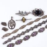 Various silver stone set jewellery, including marcasite bracelets etc