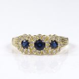 An 18ct gold sapphire and diamond cluster trio flowerhead ring, setting height 7.8mm, size T, 5.3g