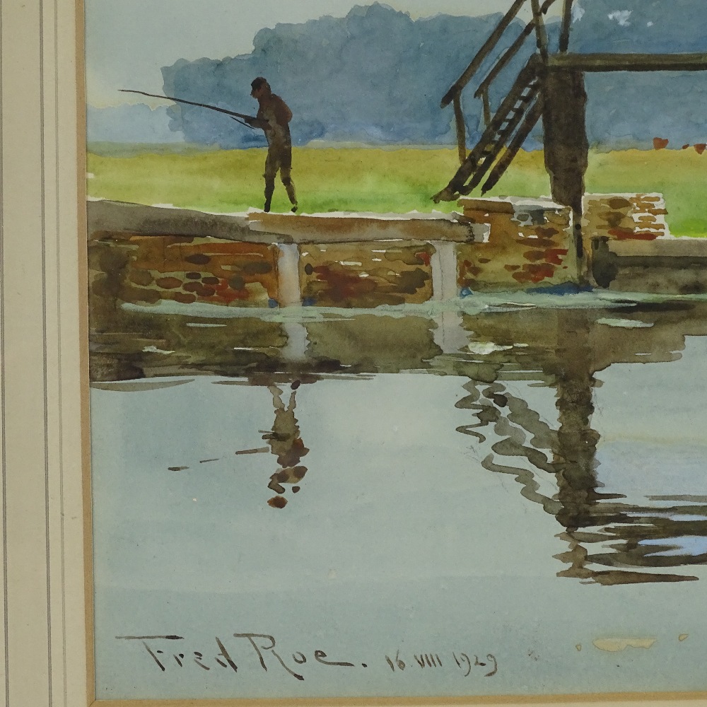 Fred Roe RI, watercolour, an Essex waterway, signed with RI Exhibition label verso, 10" x 15", - Image 3 of 4