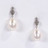 A pair of unmarked white gold pearl and diamond cluster drop earrings, overall height 22.2mm, 3g