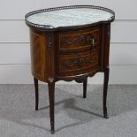A small French oval mahogany 2-drawer commode, with shaped marble top and brass gallery, width 2'