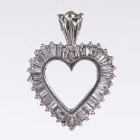 An 18ct white gold baguette-cut diamond heart pendant, length 20.7mm, 2.2g