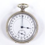 A steel-cased open-face key-wind 24 hour pocket watch, with Arabic numerals and subsidiary seconds