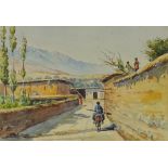 Demon, watercolour, street scene Tehran, signed, 8" x 11", framed