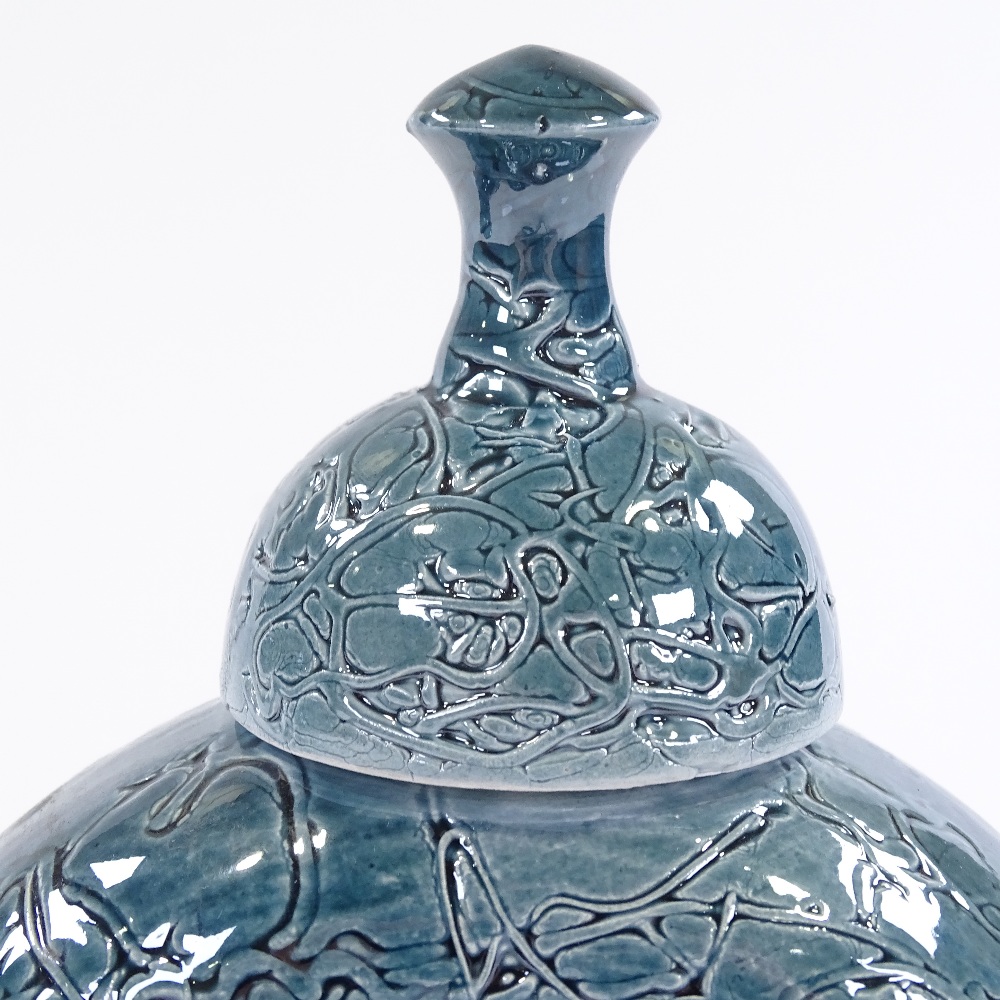 3 Studio pottery/porcelain bottles with stoppers, blue patterned glaze, maker's marks SP95, - Image 2 of 3