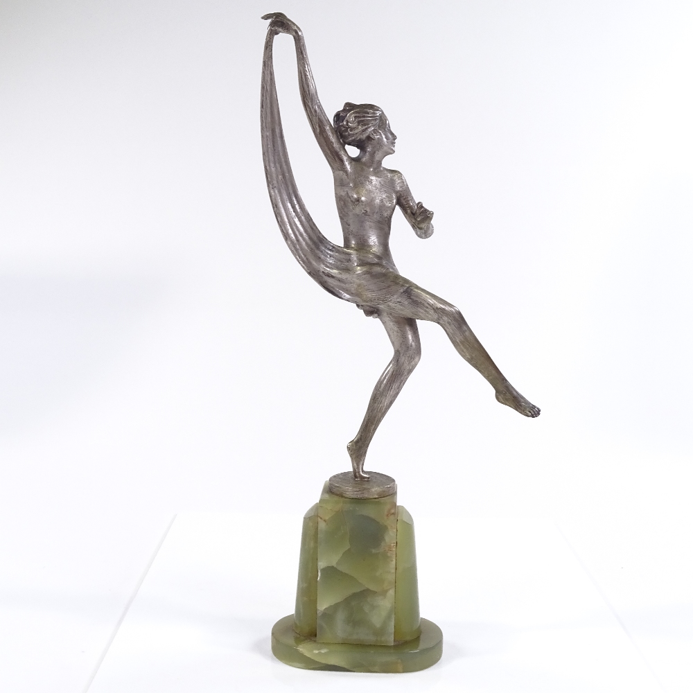 Lorenzl, Art Deco silver patinated bronze dancing girl on onyx base, signed on socle, height 34cm - Image 2 of 6