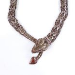 A 1950s Mexican sterling silver and enamel serpent/snake necklace, by Margot de Taxco, with brown