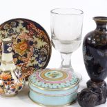 A circular porcelain box, an Antique ale glass, a cloisonne vase, a small bronze mouse, and 2 pieces