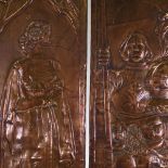 A pair of Arts and Crafts copper panels, relief embossed Medieval figures, 100cm x 32cm