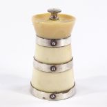 An ivory and silver-mounted barrel design pepper mill, maker's marks Hukin & Heath, hallmarks