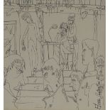Flavio Costantini, pen and ink drawing, interior scene, 1955, signed, 12" x 8.5", framed