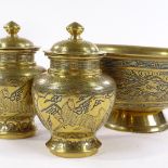 A group of Chinese bronze items, including an engraved fruit bowl, diameter 26cm, and a pair of jars
