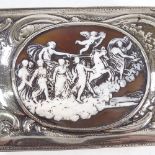 An Antique Dutch silver table snuffbox, with inset relief carved cameo panel, embossed hunting scene