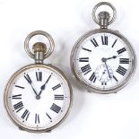 2 nickel-cased Goliath pocket watches, with Roman numeral hours markers, largest case width 67mm (2)