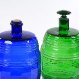 2 similar blue and green glass spirit barrels, 1 with original green glass stopper, height excluding