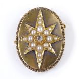 A Victorian split-pearl and rose-cut diamond oval brooch, with central starburst panel within a