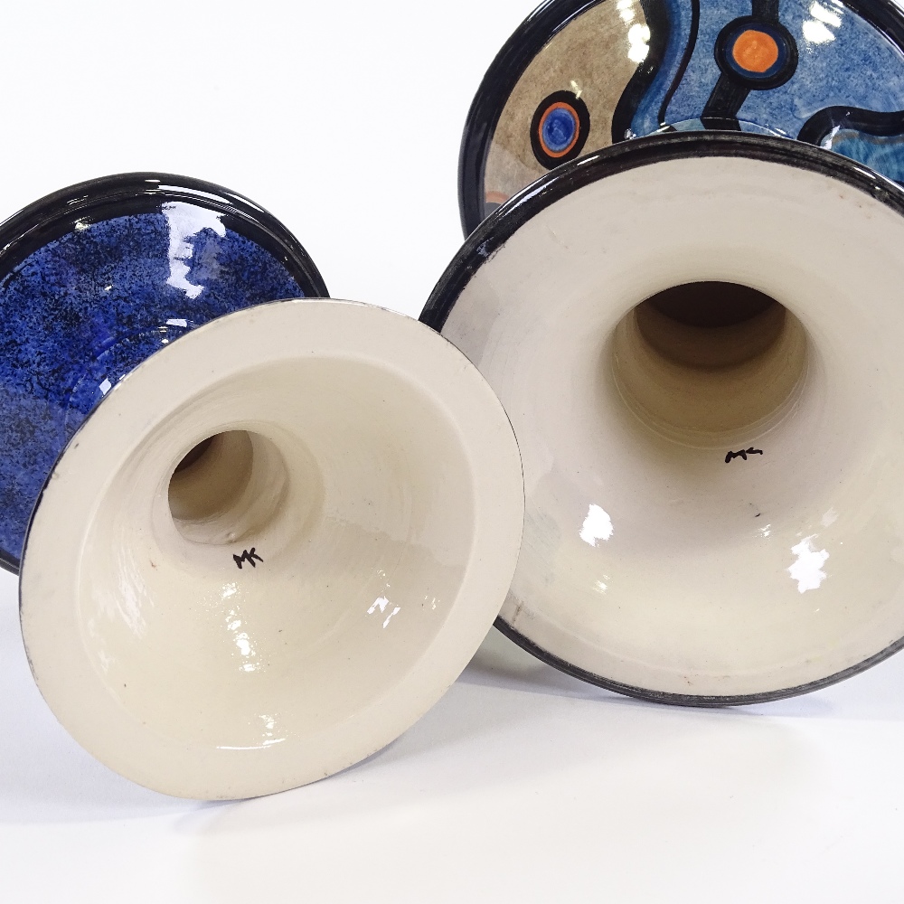 Madoline Keeler (British born 1942), 2 geometric pattern glazed pottery candlesticks, initial on - Image 3 of 3