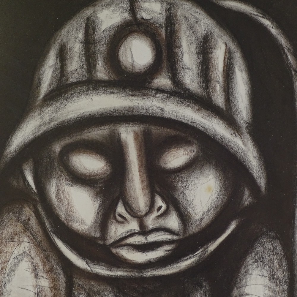 African School, mixed media, study of a miner, signed Pemba-Temba, 25" x 18", framed