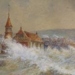 19th century watercolour, storm swept seas by Hastings Lifeboat Station, unsigned, 6" x 8", framed