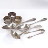 Various silverware, including Irish Georgian silver ladle, George II serving spoon, hallmarks London