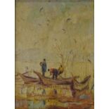 19th century oil on canvas, African fishermen, unsigned, 15.5" x 11.5", framed