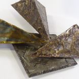 A 1970s brutalist patinated bronze and steel geometric wall sculpture, indistinctly signed L
