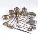Various silverware, including wide hinged bangle, bell-shaped inkwell, Vesta case, sifter spoon etc,