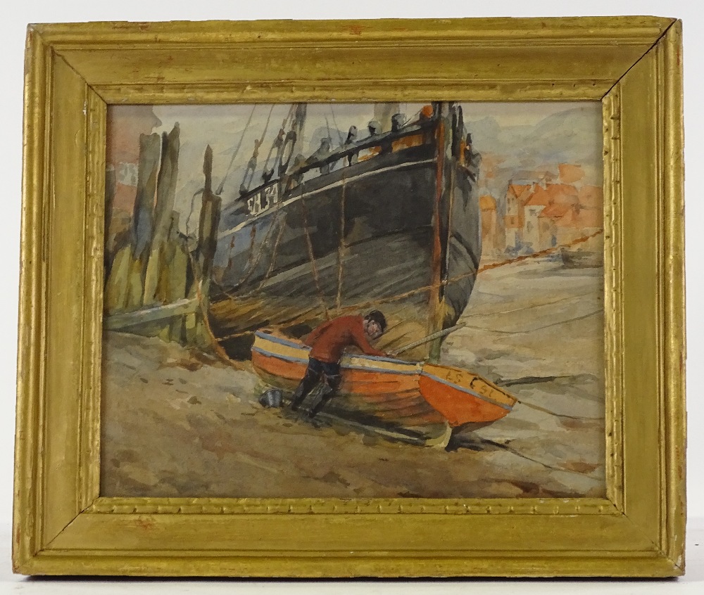 Watercolour, circa 1920s, fisherman tending his boat, unsigned, 8" x 10", framed - Image 2 of 4