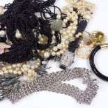 Various costume jewellery, including 9ct gold stone set rings, jet etc