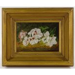 F Villenneuve, oil on canvas, flowers on a mossy bank, signed, 7.5" x 10", framed