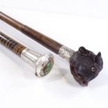 A carved wood bull's-head handled walking cane, and a silver and stone-set stripe wood cane (2)