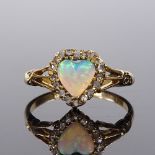 A Victorian 18ct gold heart-shaped cabochon opal and rose-cut diamond cluster ring, with openwork
