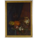19th century oil on canvas, still life, fruit and ceramics, signed with monogram, 29" x 20", framed
