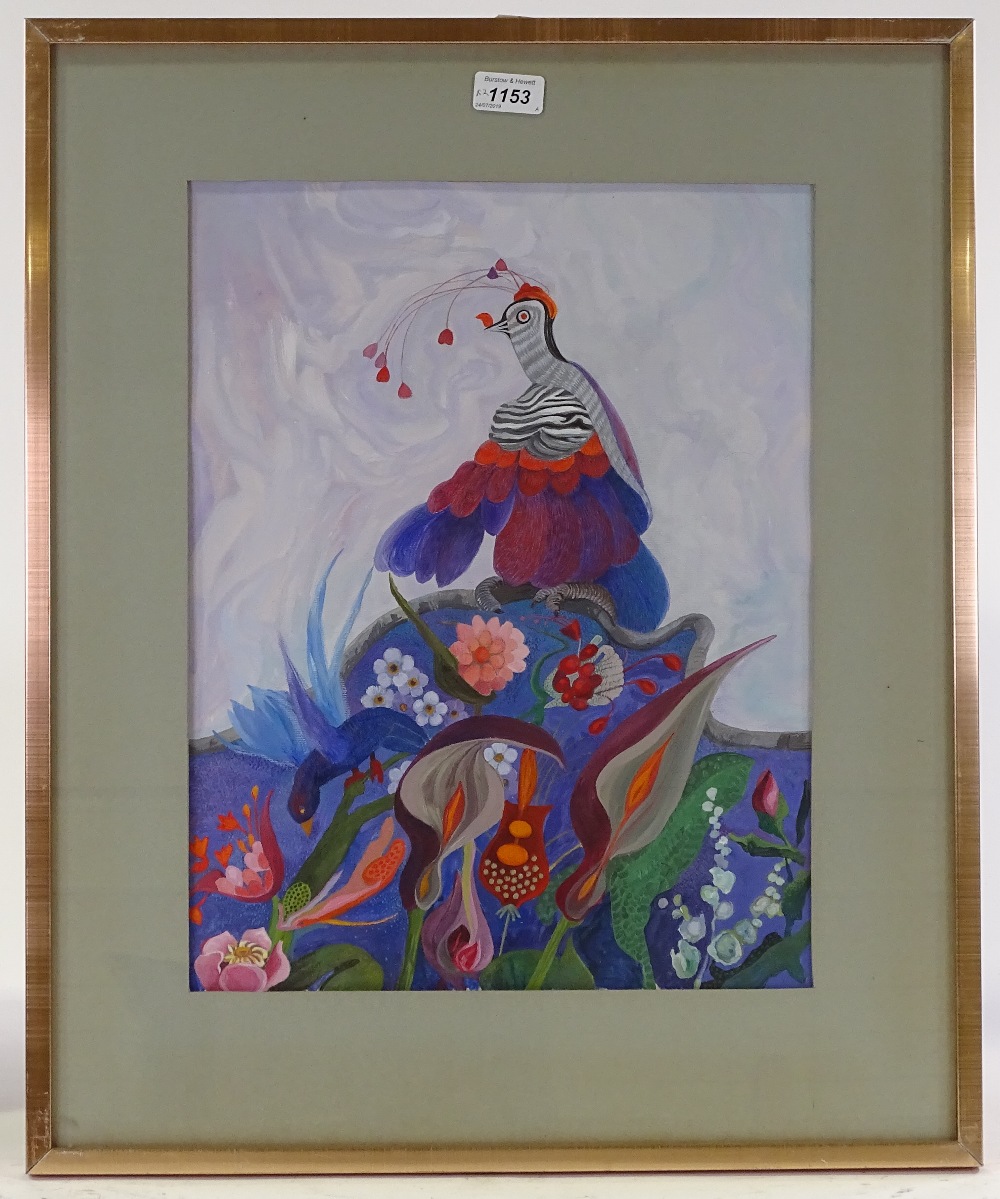 A pair of gouache surrealist illustrations, signed Thelma, largest 17" x 14", framed - Image 2 of 4