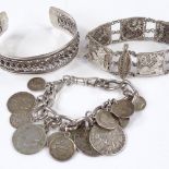 Various silver jewellery, including coin bracelet and bangle (3)