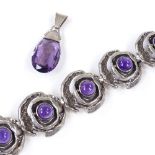 A silver and cabochon amethyst 6-section abstract panel bracelet, length 19cm, together with a