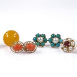 A group of stone set gold earrings, including garnet and amber (4)